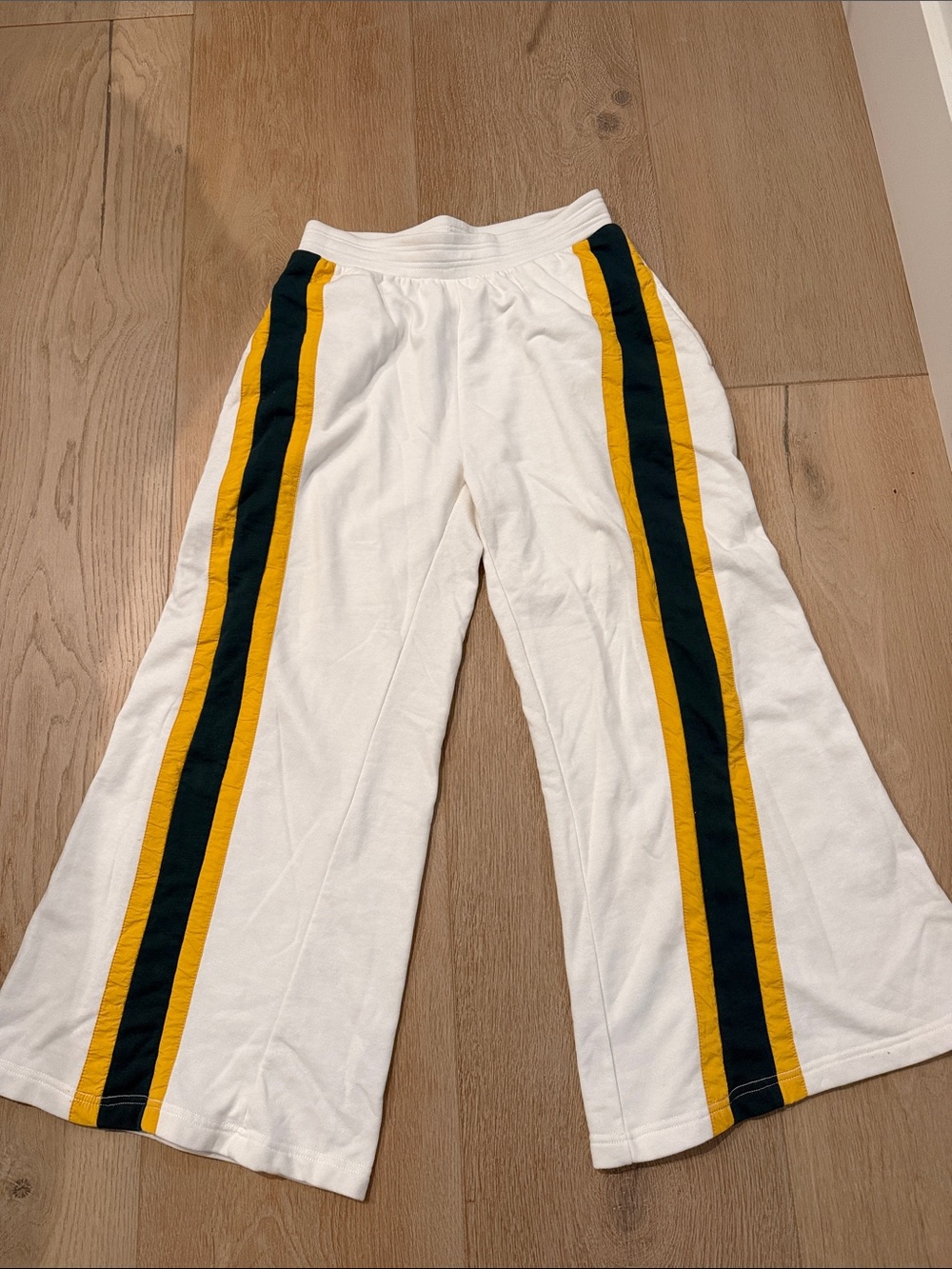 Women’s White Wide-Leg Track Pants with Yellow & Dark Green Stripes